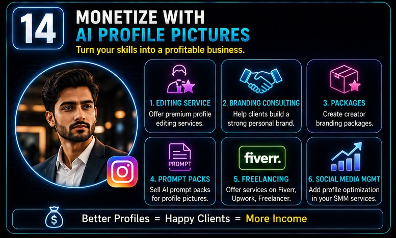 Instagram Profile Picture AI Prompts monetization opportunities including editing services branding and freelancing