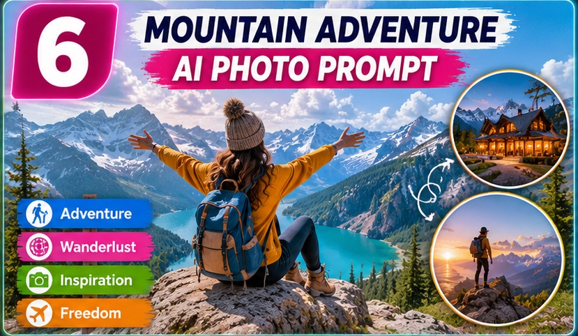 Travel Influencer AI Photo Prompts mountain adventure exploration with luxury outdoor travel content