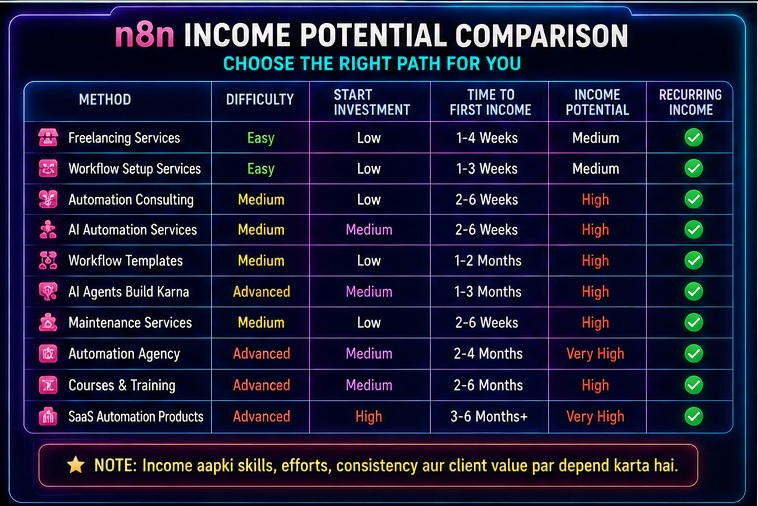 n8n income potential comparison table showing freelancing consulting agency services AI automation and SaaS business opportunities