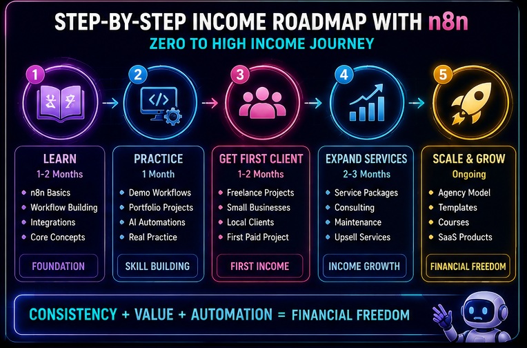 n8n income roadmap showing learning practice first client service expansion and business scaling stages