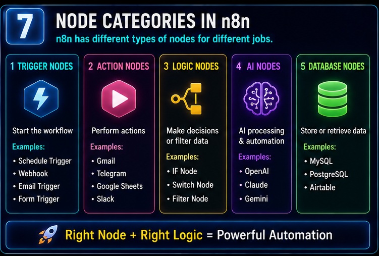 n8n nodes samajh nahi aate different node categories including trigger action logic ai and database nodes