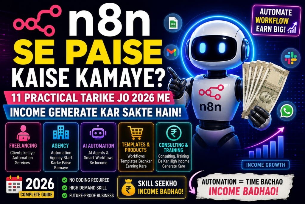 n8n se paise kaise kamaye featured image showing freelancing AI automation services workflow templates consulting agency business and online income opportunities in 2026