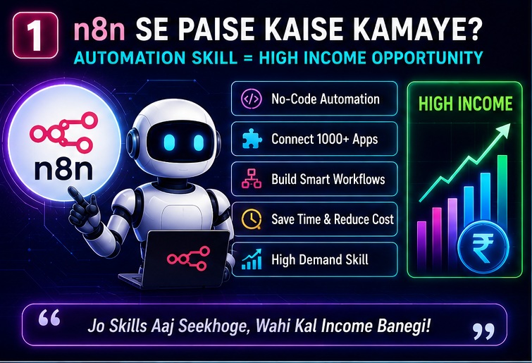 n8n se paise kaise kamaye overview showing automation skills income opportunities workflow automation and business growth in 2026