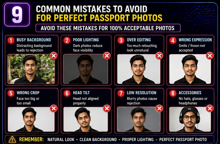 Passport Size Photo AI Prompts common mistakes including wrong background poor lighting over editing and bad cropping
