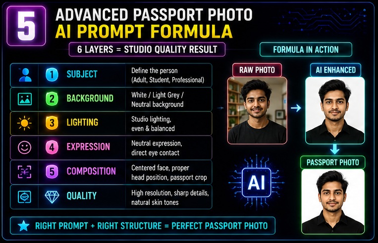 Passport Size Photo AI Prompts formula including subject background lighting expression composition and quality