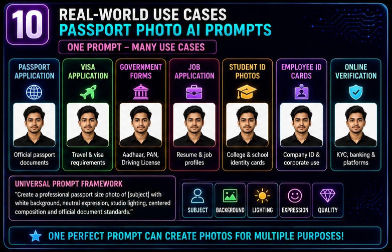 Passport Size Photo AI Prompts use cases for passport visa government forms employee IDs and online verification