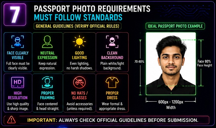 Passport Size Photo AI Prompts requirements guide showing face visibility lighting background and framing standards