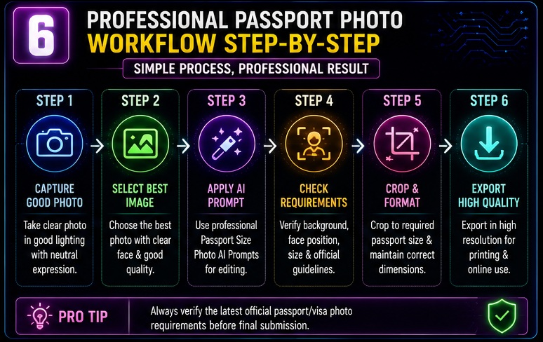 Passport Size Photo AI Prompts workflow showing step by step process for creating studio quality passport photos