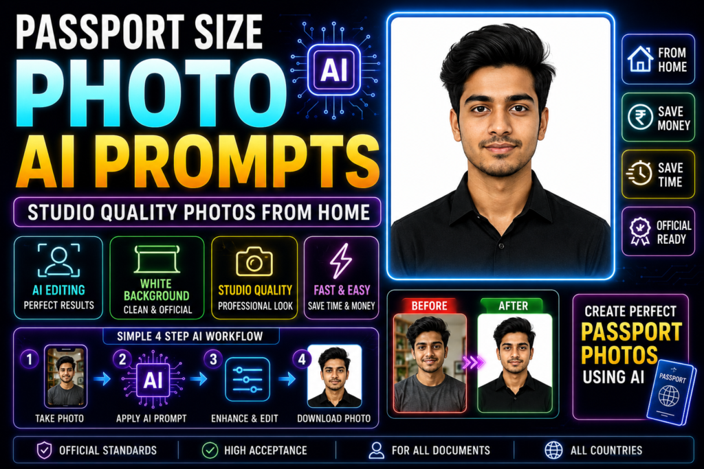 Passport Size Photo AI Prompts showing studio quality passport photo creation from home using AI editing tools and professional workflow