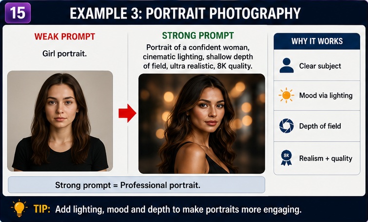 Portrait photography example in AI Image Generation Prompts Guide demonstrating cinematic portrait prompt optimization