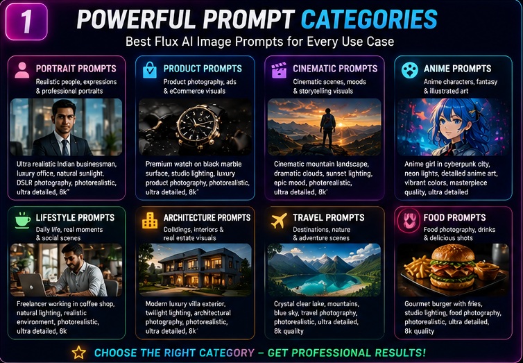 Powerful Flux AI prompt categories for portraits products cinematic visuals anime lifestyle travel and architecture