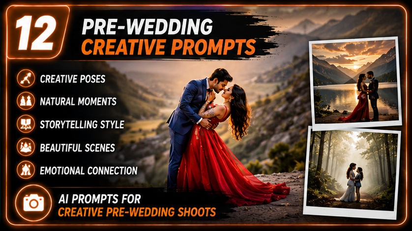 Wedding & Pre-Wedding AI Photo Prompts creative pre wedding photography with romantic storytelling