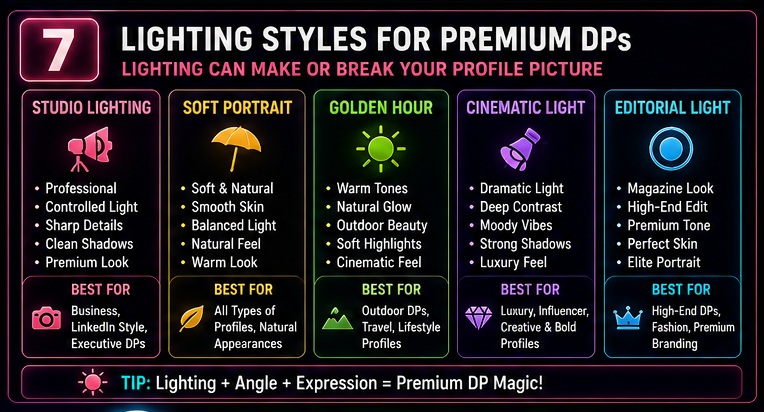 WhatsApp DP AI Photo Prompts lighting styles including studio portrait golden hour cinematic and editorial lighting