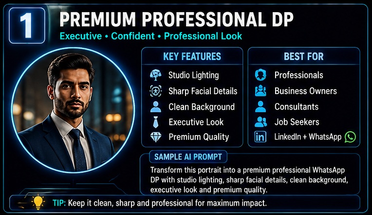 WhatsApp DP AI Photo Prompts premium professional profile picture with studio lighting and executive business portrait