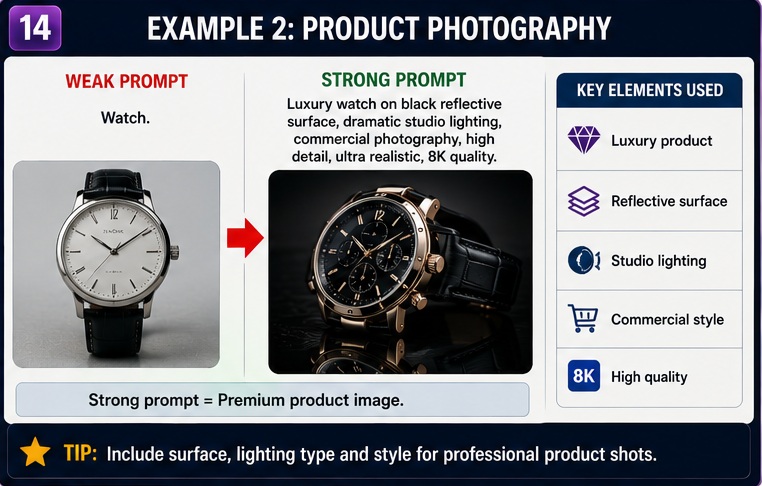 Product photography example in AI Image Generation Prompts Guide comparing weak prompts and strong prompts for commercial images