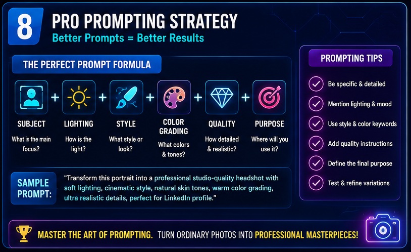 Professional AI Photo Editing Prompts formula showing subject lighting style color grading and quality workflow