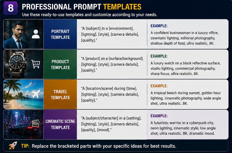 Professional prompt templates in AI Image Generation Prompts Guide for portraits products travel and cinematic scenes