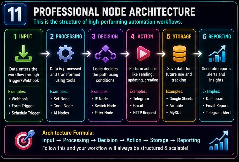 n8n nodes samajh nahi aate professional workflow architecture showing input processing decision action storage and reporting