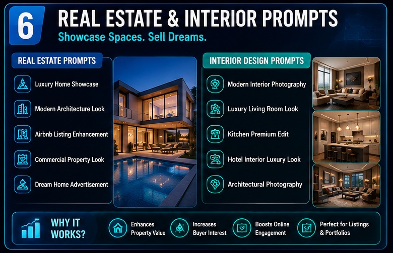 Real estate and interior design AI Photo Editing Prompts for luxury property marketing visuals