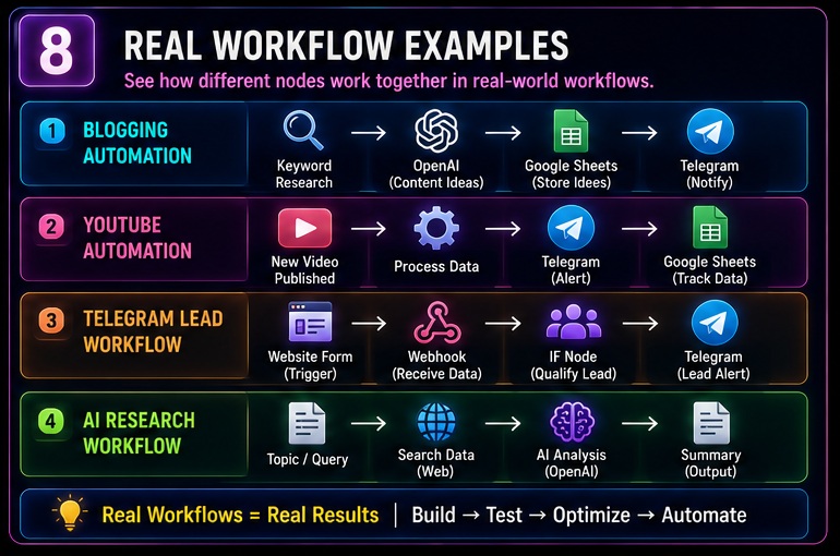 n8n nodes samajh nahi aate real workflow examples including blogging youtube telegram and ai workflows