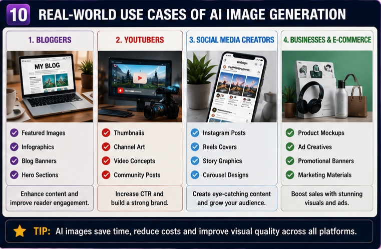 Real world use cases of AI Image Generation Prompts for bloggers YouTubers social media creators and eCommerce businesses