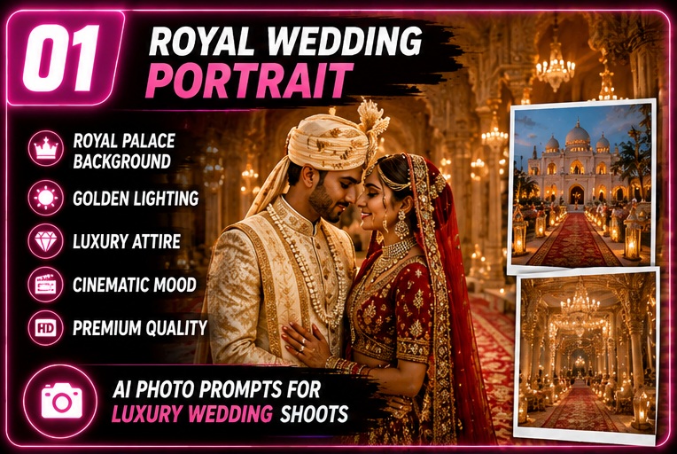 Wedding & Pre-Wedding AI Photo Prompts royal wedding portrait with luxury palace background and cinematic bridal photography