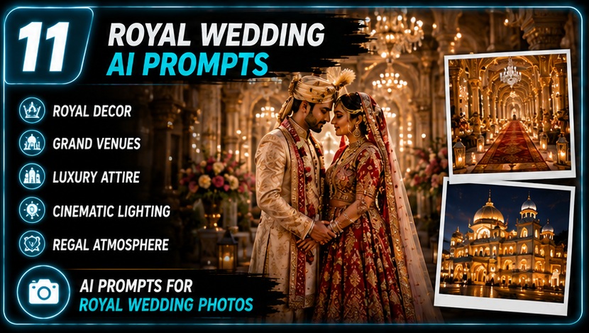 Wedding & Pre-Wedding AI Photo Prompts royal wedding photography with palace decor and cinematic lighting
