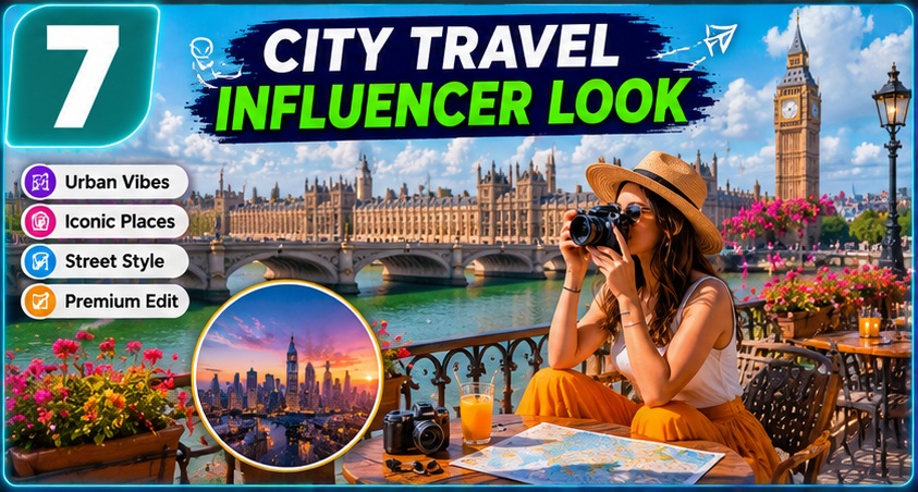 Travel Influencer AI Photo Prompts Santorini travel influencer look with premium vacation aesthetics