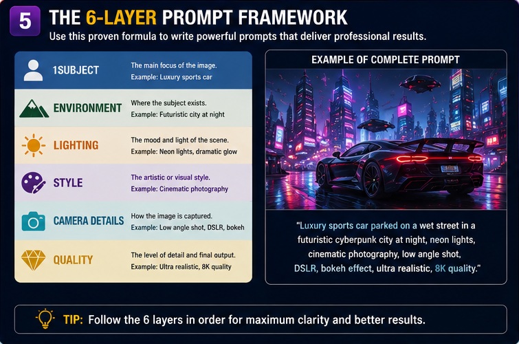 AI Image Generation Prompts Guide showing the six layer prompt framework with subject environment lighting style camera details and quality