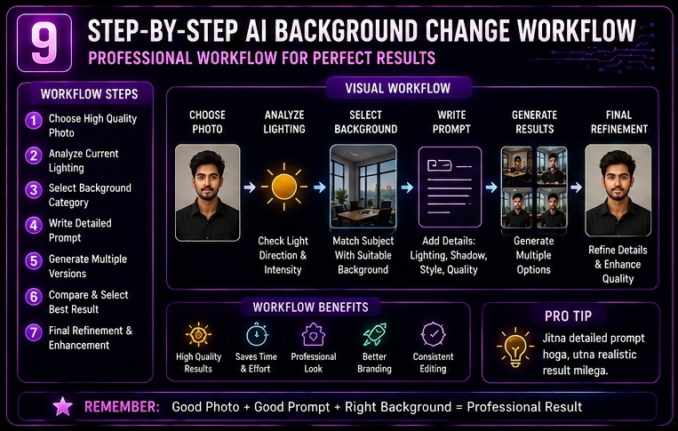 Step by step AI Photo Background Change Prompts workflow for professional background replacement