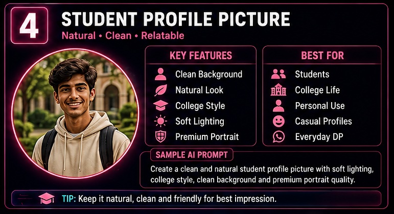 WhatsApp DP AI Photo Prompts student profile picture with clean background and premium portrait photography