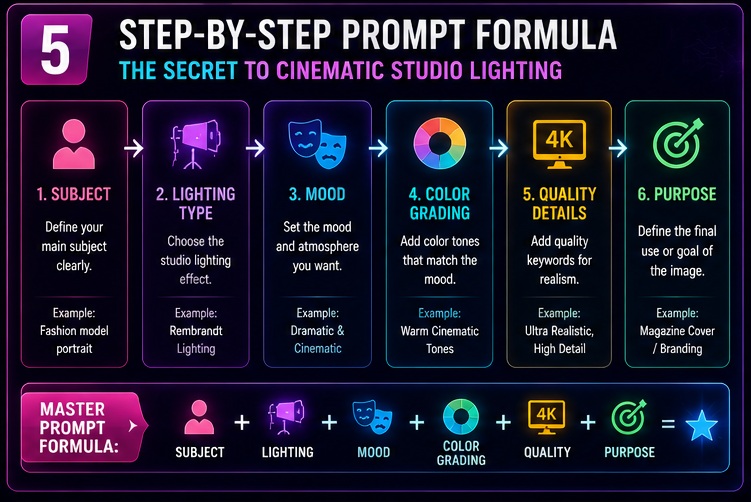 Studio Lighting AI Photo Prompts formula using subject lighting mood color grading quality and purpose