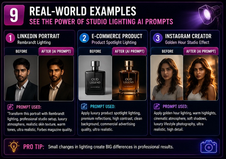 Real world examples of Studio Lighting AI Photo Prompts for LinkedIn branding ecommerce and Instagram creators