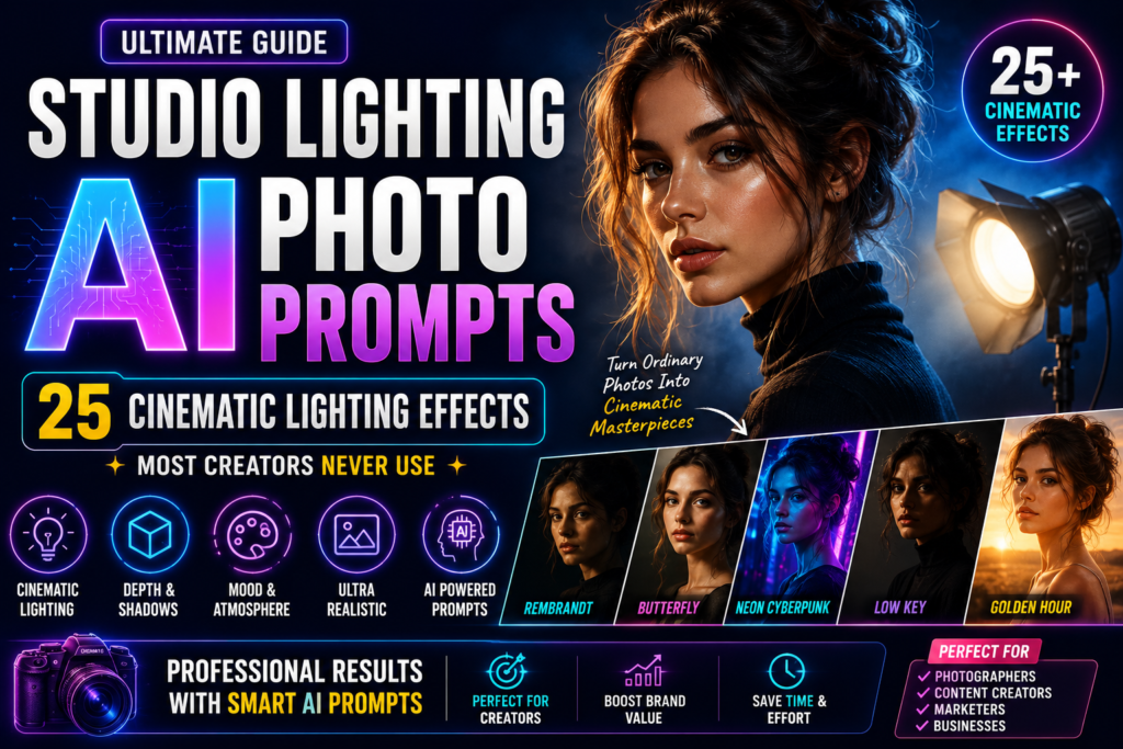 Studio Lighting AI Photo Prompts showing 25 cinematic lighting effects including Rembrandt lighting butterfly lighting neon cyberpunk and golden hour photography