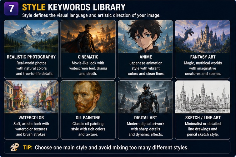 Style keywords library in AI Image Generation Prompts Guide featuring realistic photography cinematic anime fantasy and digital art styles