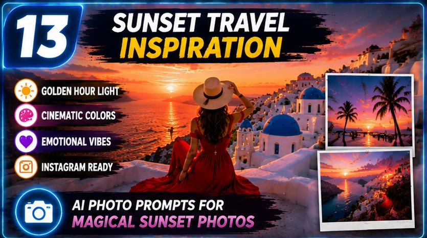 Travel Influencer AI Photo Prompts sunset travel inspiration with cinematic golden hour visuals