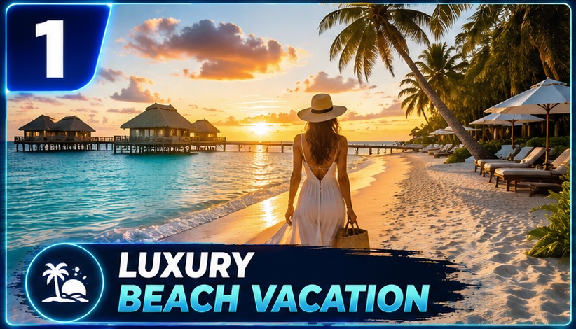 Travel Influencer AI Photo Prompts luxury beach vacation example with tropical resort and sponsored travel content style