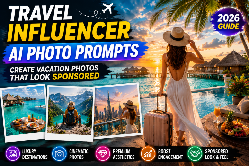 Travel Influencer AI Photo Prompts guide showing luxury vacation photos, sponsored travel content, cinematic travel photography and influencer style travel visuals
