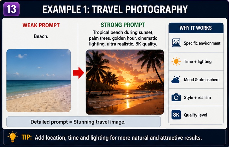 Travel photography example in AI Image Generation Prompts Guide showing weak prompt versus strong prompt transformation