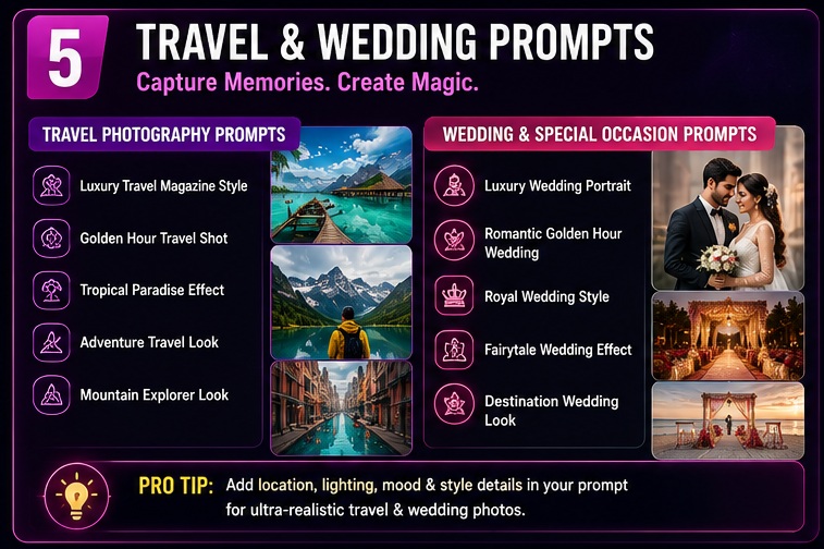 Travel and wedding AI Photo Editing Prompts for creating luxury travel and cinematic wedding photos