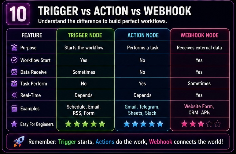 n8n nodes samajh nahi aate trigger vs action vs webhook node comparison for beginners