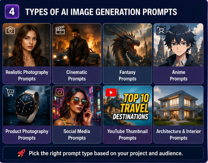 Different types of AI Image Generation Prompts including realistic photography cinematic fantasy anime and product prompts
