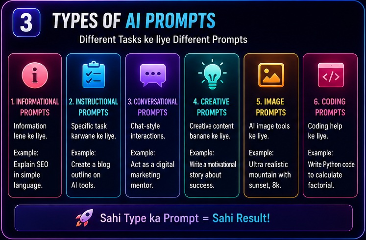 Types of AI prompts including informational instructional conversational creative image and coding prompts