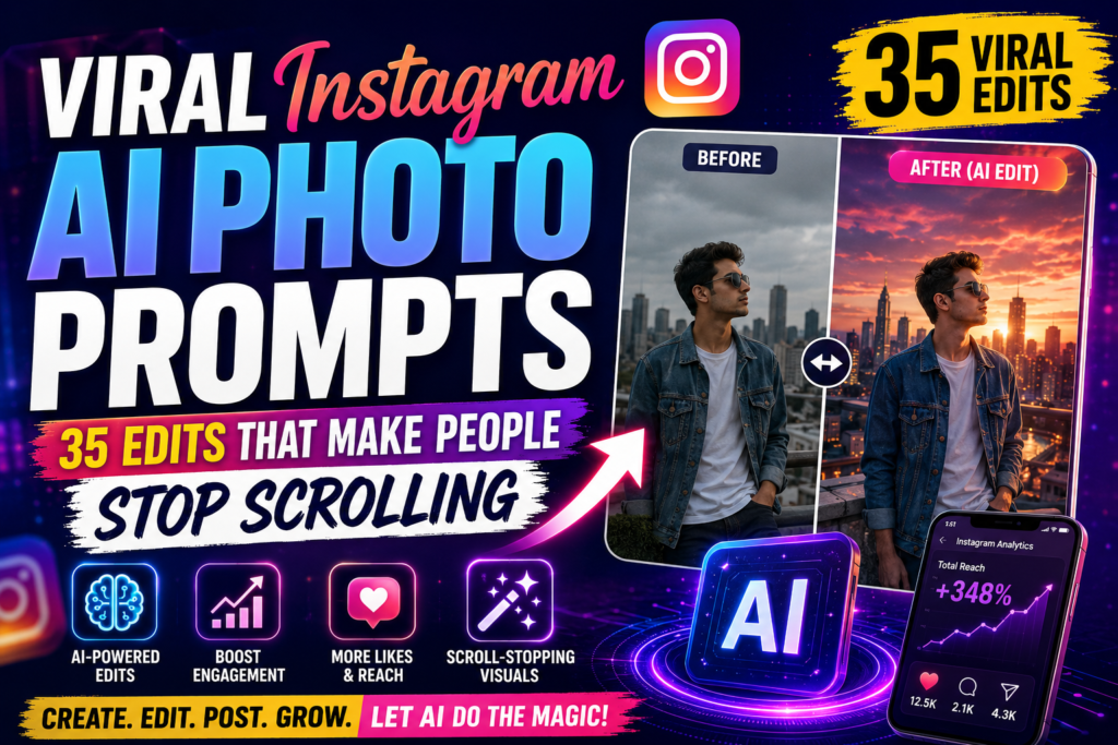 Viral Instagram AI Photo Prompts showing 35 scroll stopping Instagram edits with AI powered photo enhancement and creator branding techniques