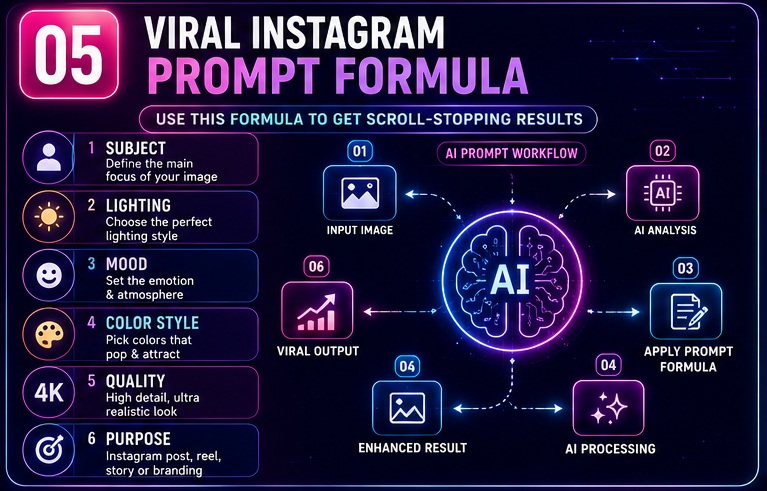 Viral Instagram AI Photo Prompts formula showing subject lighting mood color style quality and purpose