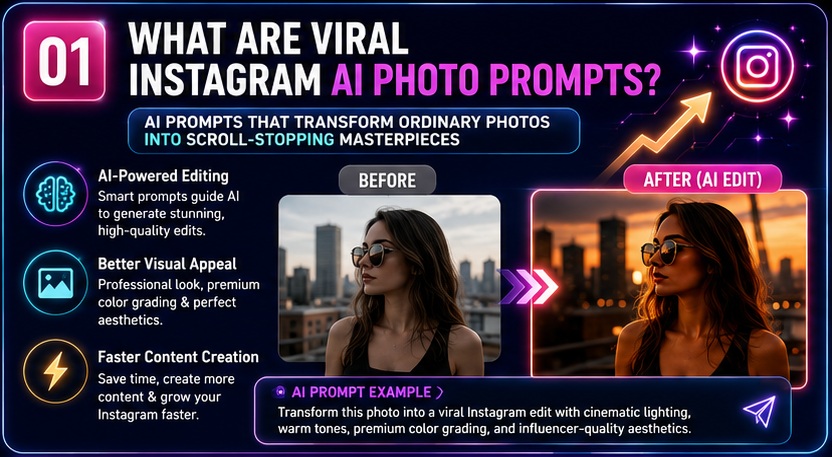 Viral Instagram AI Photo Prompts introduction showing AI powered photo editing for scroll stopping Instagram content