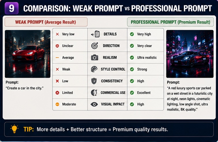 Comparison between weak and professional prompts in AI Image Generation Prompts Guide showing quality differences in generated images