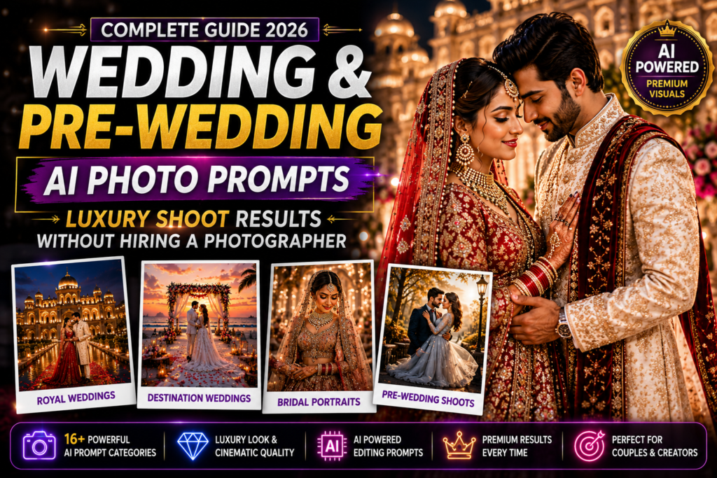 Wedding & Pre-Wedding AI Photo Prompts guide featuring luxury wedding photography, royal wedding portraits, destination weddings and cinematic pre wedding shoots