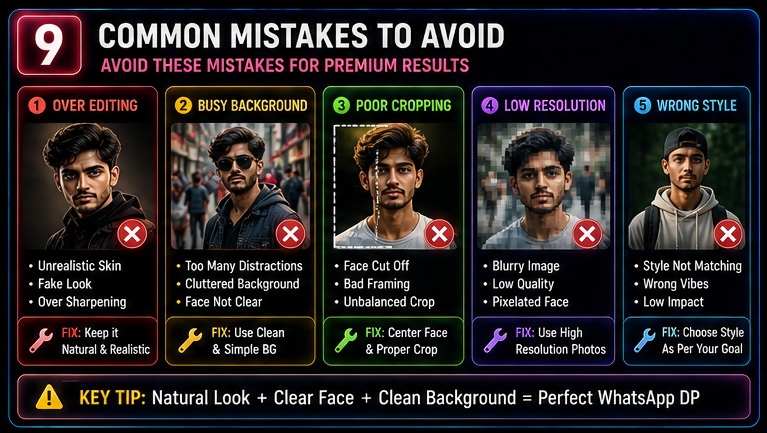 WhatsApp DP AI Photo Prompts common mistakes including overediting poor cropping and wrong profile styles