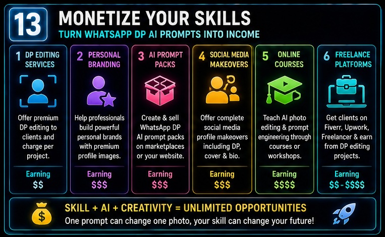 WhatsApp DP AI Photo Prompts income opportunities including profile editing services personal branding and freelancing